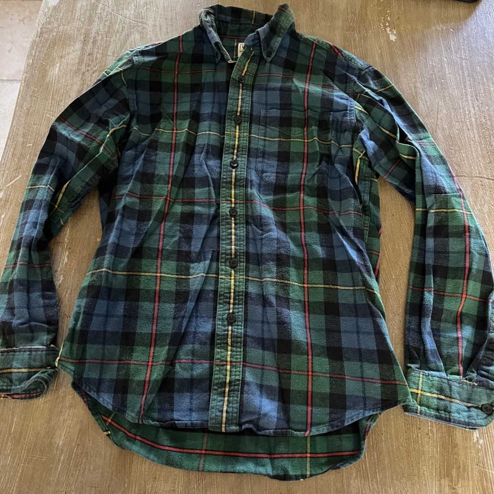 LL Bean Scotch Plaid Flannel Shirt Mens Small Green Navy Blue Tartan Gorpcore